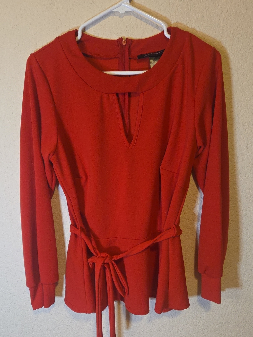 Red Long-Sleeve Tie-Waist Peplum Blouse